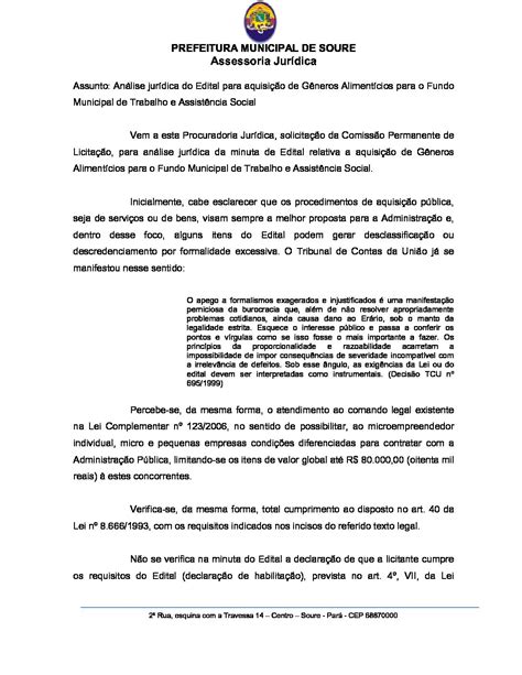 Parecer Análise de Edital Gêneros Alimentícios Assistência