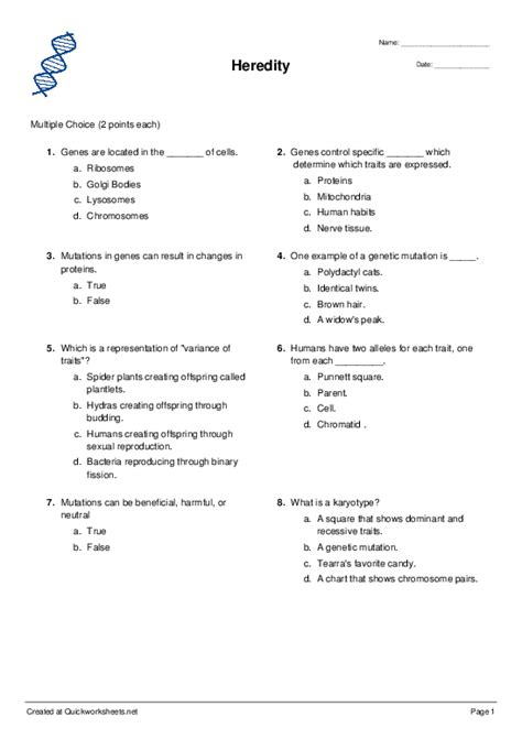 Heredity - Multiple Choice Worksheet - Quickworksheets - Worksheets Library