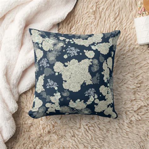 Navy Blue Gray Floral Pattern Pillow Zazzle