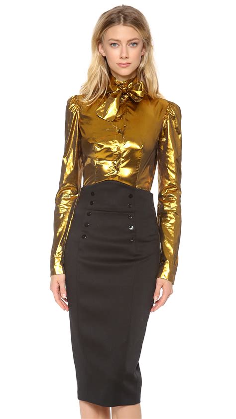 Lyst L Wren Scott Long Sleeve Tie Neck Blouse In Metallic