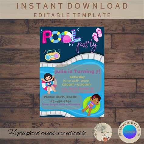 Girls Pool Party Birthday Party Invitation Instant Download Printable