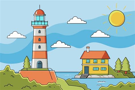 A Cartoon Drawing Of A Lighthouse With The Sun Shining On It Premium