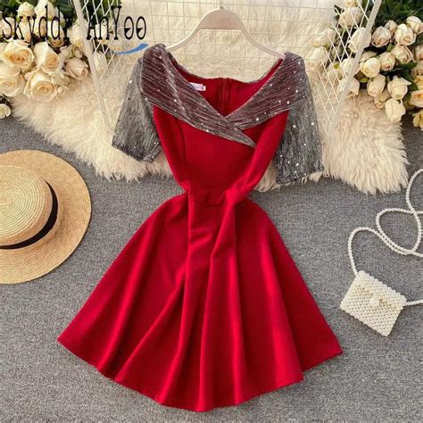 2021 High Quality Summer Women Red Party Dress Bright Silk Patchwork Short Sleeve Elegant Ladies