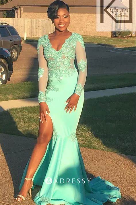 Long Sleeve High Slit Mint Green Mermaid Prom Gown Xdressy