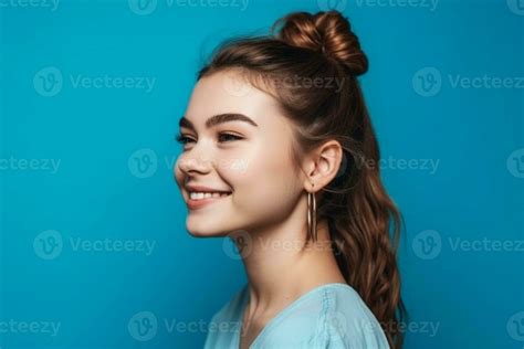 Profile Side View Portrait Of Attractive Cheerful Girl Demonstrating Copy Space Ad New Isolated