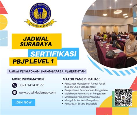 Jadwal Bimtek Sertifikasi PBJP Level 1 Surabaya Tahun 2023 Pusdiklat