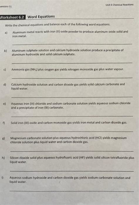 Solved Worksheet Word Equations Write The Chemical Chegg