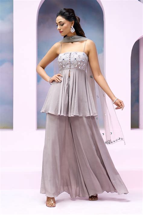 Buy Grey Crepe Embroidered Badla Square Evelia Slit Peplum Kurta