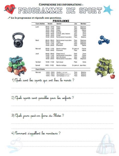 FLE Comprendre Les Informations Figurant Sur Un Programme De Sport