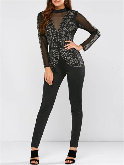 [58 Off] Rhinestone Embellished Sheer Mesh Jumpsuit Rosegal