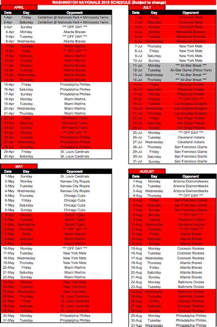 Washington Nationals release 2016 schedule - Federal Baseball