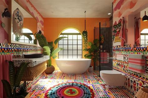 Premium Photo Maximalist Bathroom With Bold Patterns And Colors