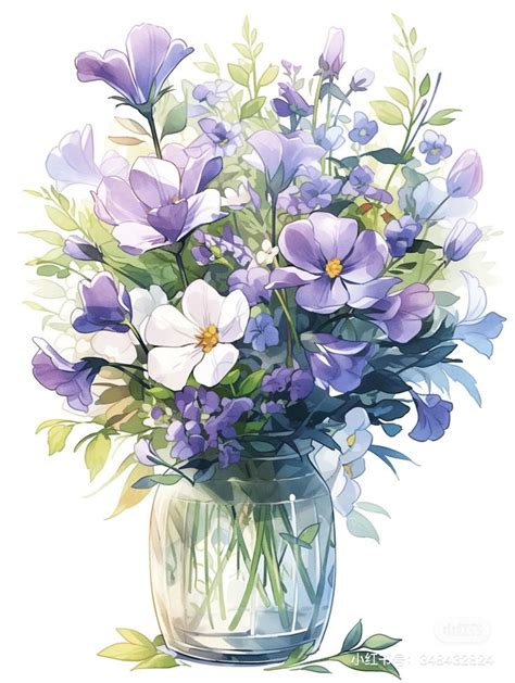 A Painting Of Purple And White Flowers In A Glass Vase With Greenery On