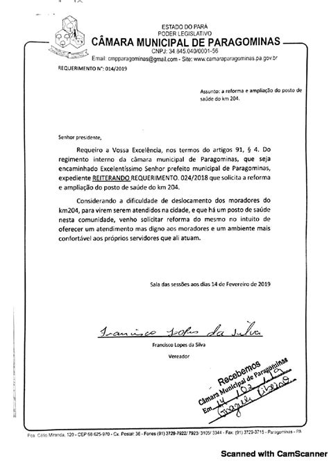 Requerimento Nº 014 2019 Câmara Municipal de Paragominas