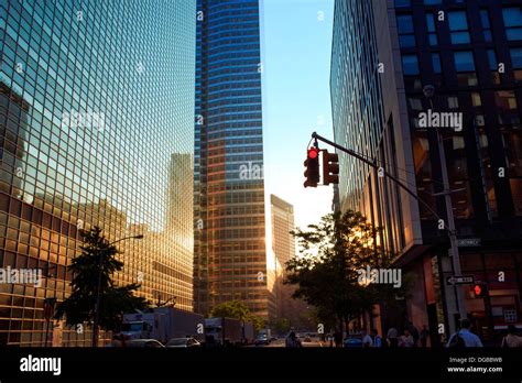 Sunset Reflecting Off Of Glass Buildings In Lower Manhattan New York