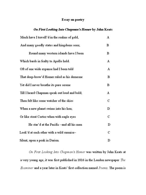 On First Looking Into Chapman’s Homer by John Keats | Sonnets ...