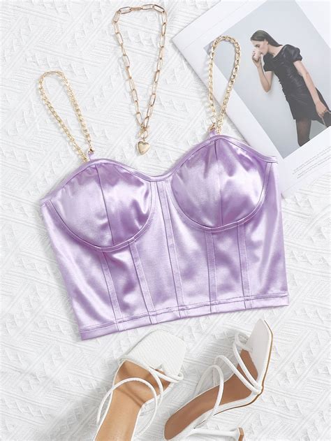 Chain Detail Silky Bustier Cami Crop Top Purple Top Outfit Crop Top Outfits Tops