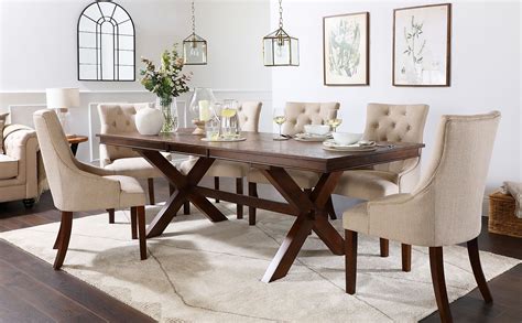 Grange Dark Wood Extending Dining Table With 6 Duke Oatmeal Fabric Chairs Furniture Choice