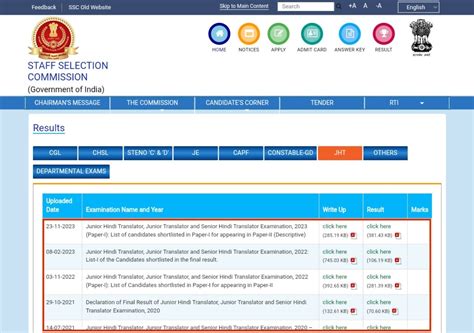 SSC JHT Result 2023 Merit List Cut Off Marks Exam Updates