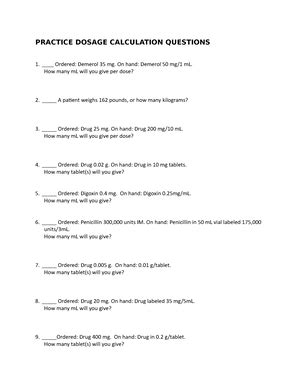 Level Dosage Calculation Practice Problems Reconstitution Dosage