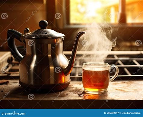 Kettle Pouring Boiling Water Into A Cup With Smoke On Wood Table