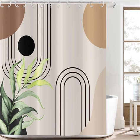 Abstract Boho Leaf Shower Curtains Weighted Bottom Mid Century Modern