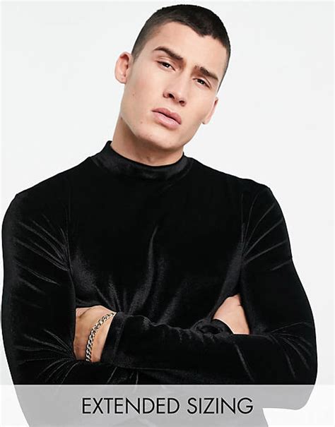 Asos Design Langärmliges Muskelshirt Aus Velour In Schwarz Mit