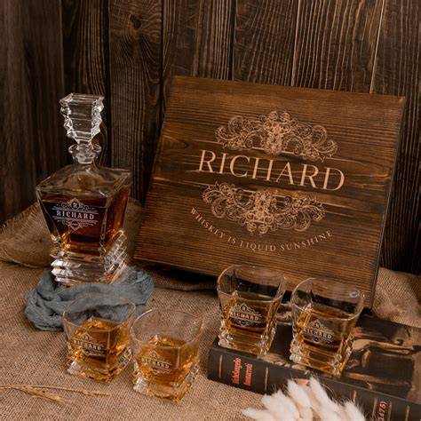 Custom Engraved Whiskey Decanter Set 4 Scotch Glasses And Wooden Box