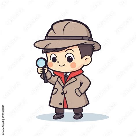 Cute Little Boy Detective Wearing Coat And Hat Use Magnifying Glass To