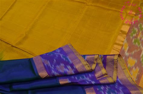 Tvis And Bliss Peacock Blue And Yellow Uppada Silk Saree With Small