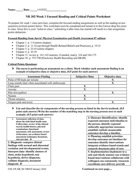 NR 302 Week 1 Critical Points Worksheet January 2022 Student Name