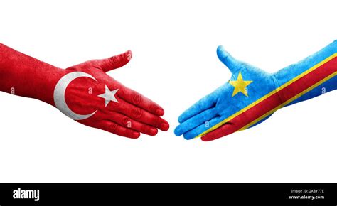 Handshake Between Dr Congo And Turkey Flags Painted On Hands Isolated