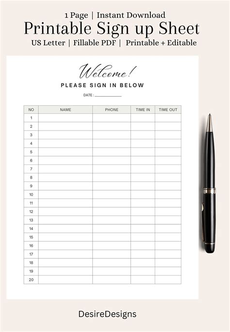 Sign up Sheet Printable event Sign Up Customer Sign Up - Etsy