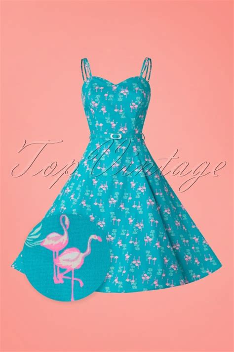 50s Simona Flamingo Swing Dress In Blue