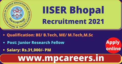 Iiser Bhopal Recruitment Junior Research Fellow Posts