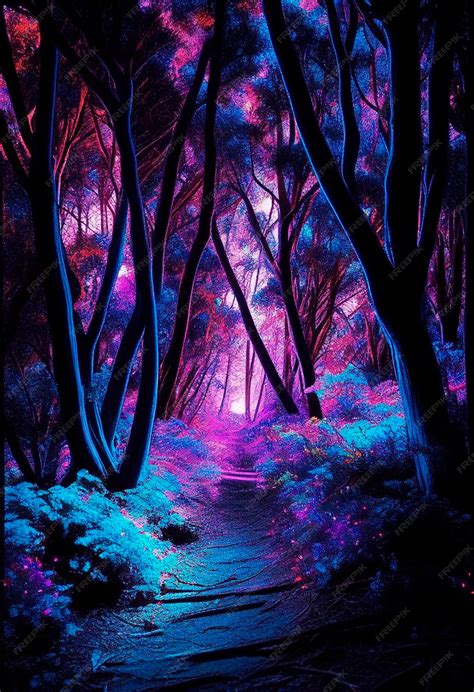 Premium Ai Image Dark Forest Illuminated By Neon Lights Ai Generated