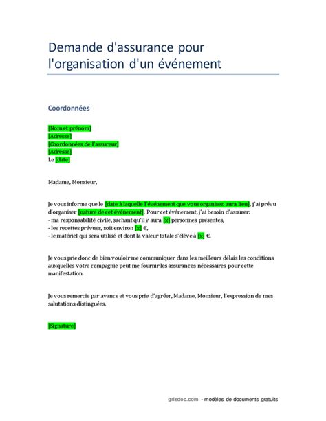 Demande d assurance pour l organisation d un événement DOC PDF