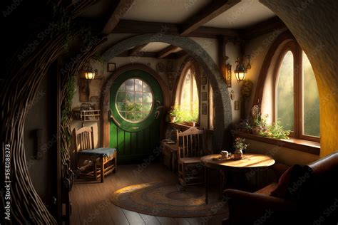 Hobbit house interior, inside fantasy wooden hut in forest, generative AI Stock Illustration ...