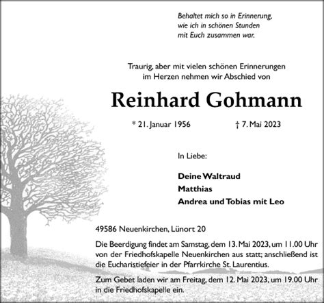 Traueranzeigen Von Reinhard Gohmann Noz Trauerportal