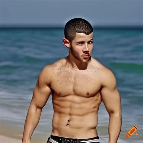 Shirtless Nick Jonas On The Beach