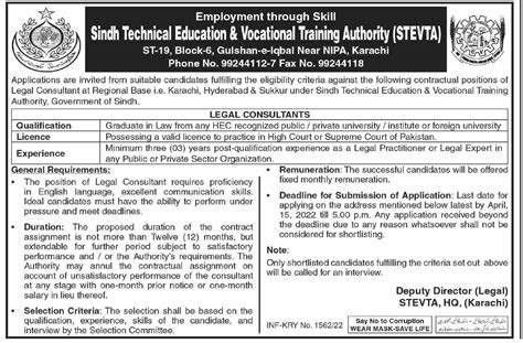 Sindh Tevta Legal Consultant Jobs Job Advertisement Pakistan