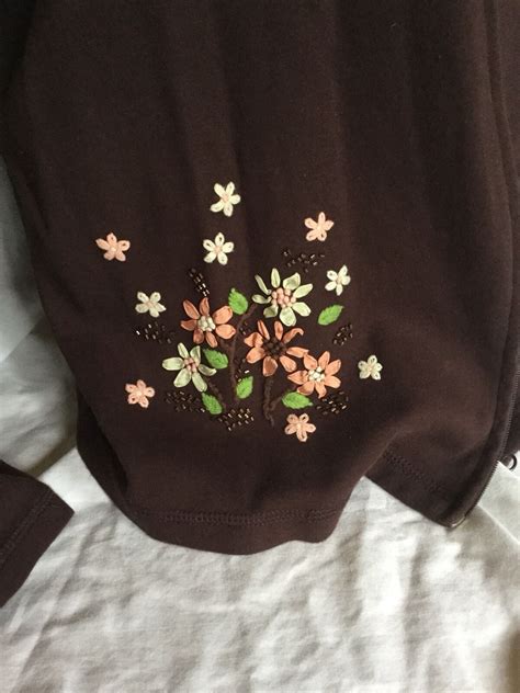 Dressbarn Woman Brown Floral Embroidered Long Sleeve Zip Jacket Top