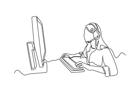 Single One Line Drawing Happy Girl Wearing Headset Playing Online Video