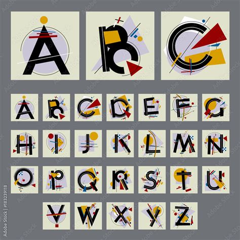 Set of alfabet with capital letters, made up of simple geometric shapes, in Modern Suprematism ...