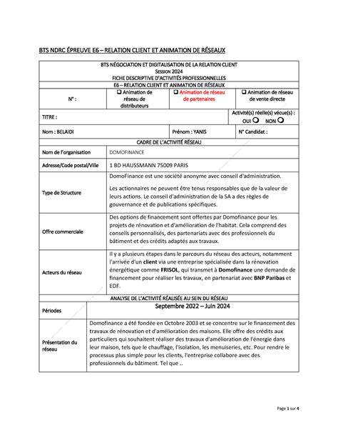 Fiche E6 partenariat ndrc BTS NDRC ÉPREUVE E6 RELATION CLIENT ET