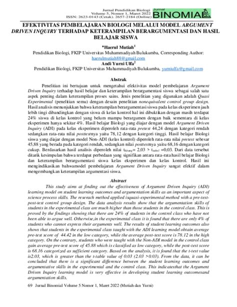 Pdf Efektivitas Pembelajaran Biologi Melalui Model Argument Driven