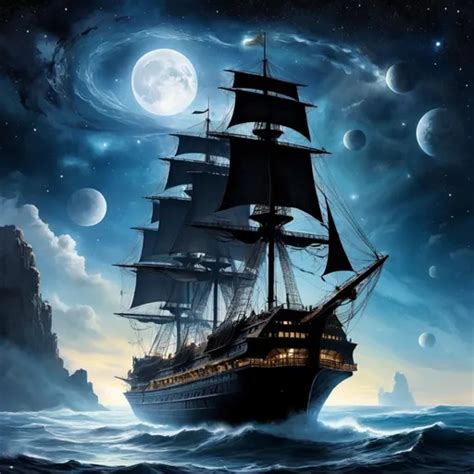 Ancient Sailing Ship Tumultuous Ocean Waves Night