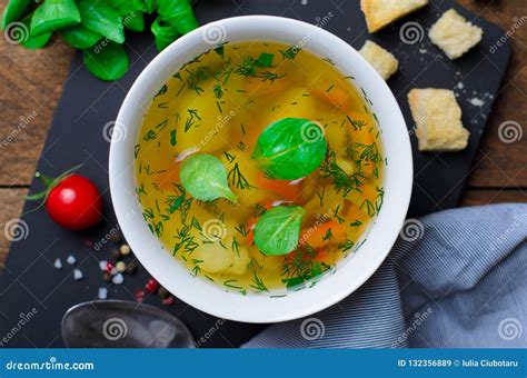 Vegetable Soup With Carrot Bell Pepper Potato Leek And Herbs Bowls