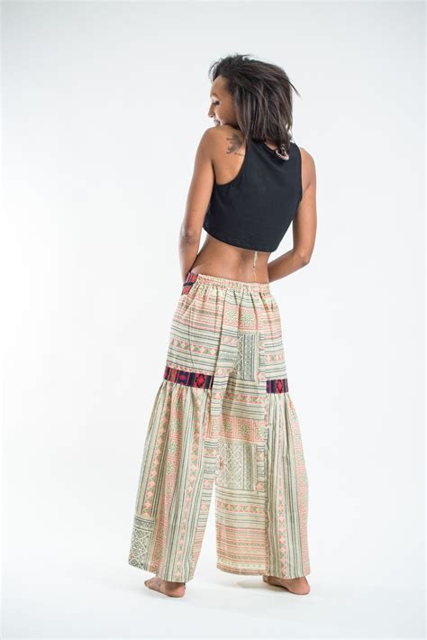 Traditonal Prints Thai Hill Tribe Fabric Womens Palazzo Pants Salmon C