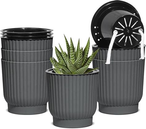 T4U 4 Inch Self Watering Pots 6 Pack Plastic Plant Pots With Holder